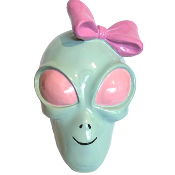 Cute and Spooky Halloween Alien Girl with Pink Bow - Picture 1 of 6